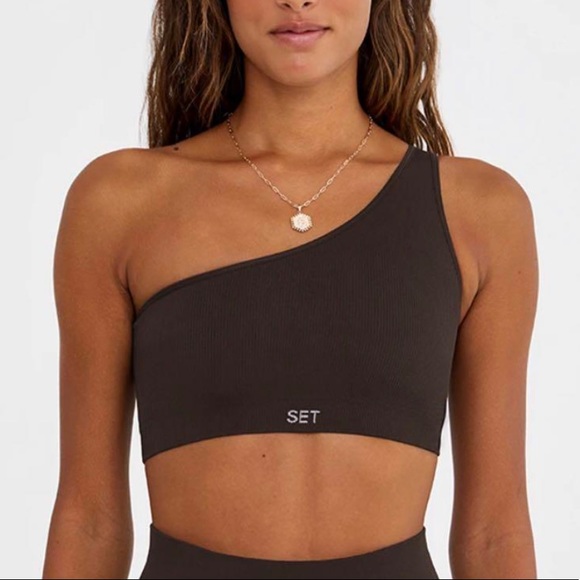 SET Active Other - Set Active Ribbed One Shoulder Sports Bra in Espresso Size S
